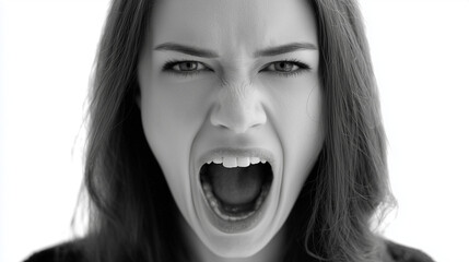 A front view of a woman screaming in anger, isolated on a pure white background, capturing intense emotion.