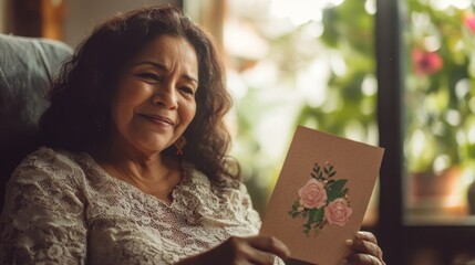 A Moment of Reflection: An elderly woman in a soft, intimate setting with a heartwarming portrait, the warm sunlight bathes the scene.