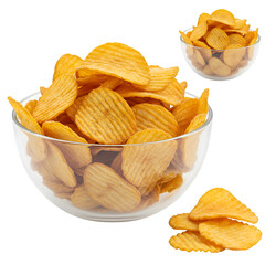 Isolated Photo Of Delicious Golden Chips In Glass Bowl On Transparent Background