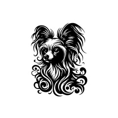 Fototapeta premium Elegant Black and White Papillon Dog Portrait with Swirling Ornate Details.