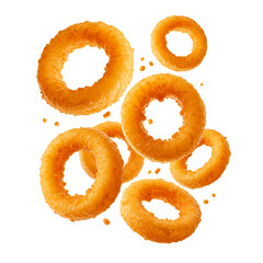 flying Crispy and golden onion rings Isolated,  cutout in transparent background, png format 