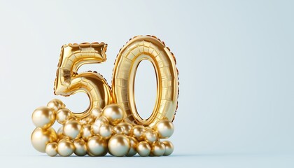 Golden Foil Balloon Number 50 On Blue Background: Perfect For 50th Anniversary Celebration. Ideal For Party, Greeting Card, Flyer, And More. Anniversary Element Design.