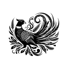 Fototapeta premium Elegant Black Silhouette of a Pheasant with Ornate Tail Feathers and Foliage.