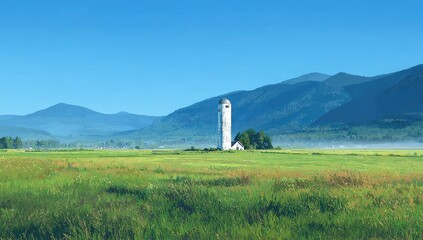 Panoramic view of a verdant valley.  A tall white silo stands in a field,  mountains in the distance