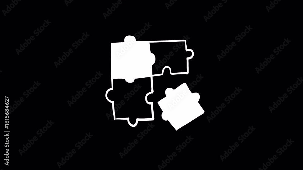 Poster minimalist white doodle of interlocking puzzle pieces over a black background, symbolizing connectio