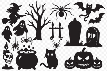Halloween Silhouette Icon Set &ndash; Ghosts, Witches, Pumpkins, Bats, and Creepy Elements Collection. EPS 10.