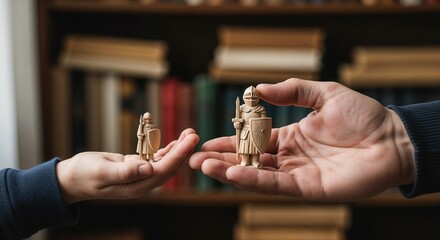 Hands passing chess piece in a game on bookshelf background. Chess piece exchange shows strategic planning and tactical moves.