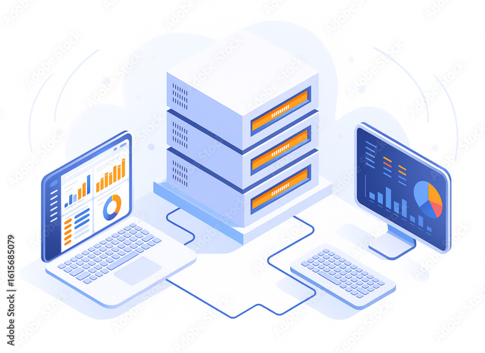 Poster modern data center with servers, laptop, and monitor displaying analytics and charts