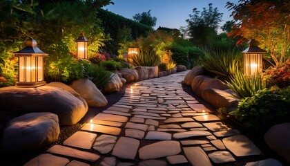 a stone pathway illuminated by warm garden lights at dusk surrounded by smooth rocks and greenery creating a serene and inviting outdoor ambiance