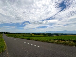 A scenic country road stretches under a sky filled with sweeping clouds. The photo shows the spacious farmland and iconic skies, making it a perfect representation of the serene and open landscapes.