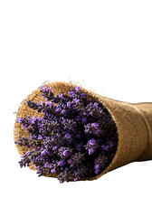 Isolated Photo Of Lavender Bouquet Wrapped In Sackcloth Against Black Background