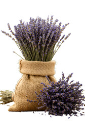 Isolated Photo Of Lavender Floral Bouquet In Brown Sack On Black Background
