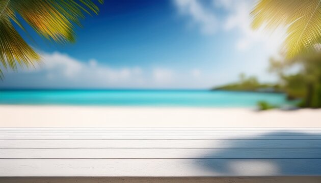 summer beach background empty white table top in front close up blurred tropical resort background vacation paradise banner with empty space for advertising product blank shelf generated by ai