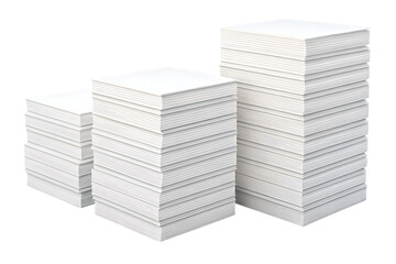 Four white paper stacks of varying heights arranged in ascending order from left, isolated on a transparent background