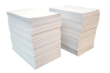 Two large white paper stacks positioned side by side with equal height, isolated on a transparent background