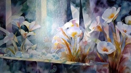 Watercolor flowers, light, geometric