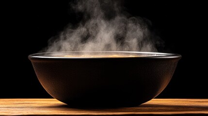 Hot Steam Rising From A Bowl Of Soup On A Wooden Surface Against A Black Background