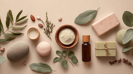 Natural Organic Spa Products Flat Lay with Soap, Essential Oil, and Botanicals – Minimalist Wellness Mockup
