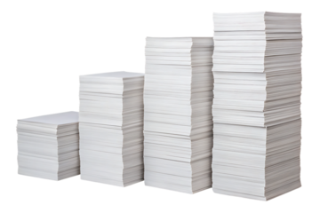 four stacks of white paper arranged in ascending height order from left to right, isolated on a transparent background