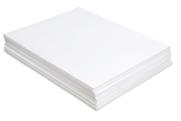 Neat stack of white blank paper sheets arranged in perfect square formation, isolated on a transparent background