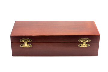 a wooden box with brass handles on a white background