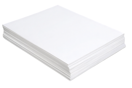 Neat stack of white blank paper sheets arranged in perfect square formation, isolated on a transparent background