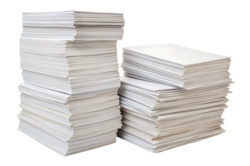 Two uneven stacks of white paper documents with varying heights and orientations, isolated on a transparent background