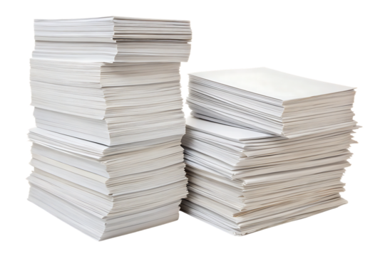 Two uneven stacks of white paper documents with varying heights and orientations, isolated on a transparent background