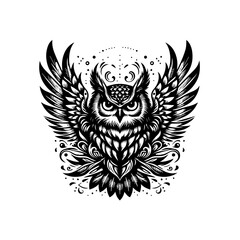 Fototapeta premium Intricate Black and White Stylized Owl with Spread Wings and Ornate Details.