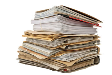 Messy pile of aged documents folders papers magazines stacked haphazardly with visible wear and discoloration, isolated on a transparent background