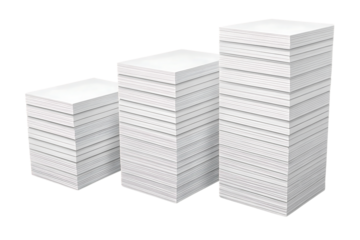 Three different sized white paper stacks arranged in ascending height from left to right progression, isolated on a transparent background