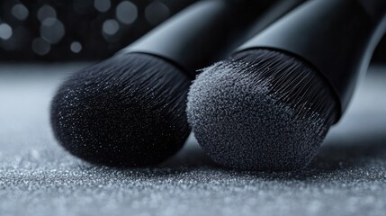 Obraz premium Close-Up View of Professional Makeup Brushes on Glittery Surface with Bokeh Background