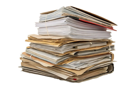 Messy pile of aged documents folders papers magazines stacked haphazardly with visible wear and discoloration, isolated on a transparent background