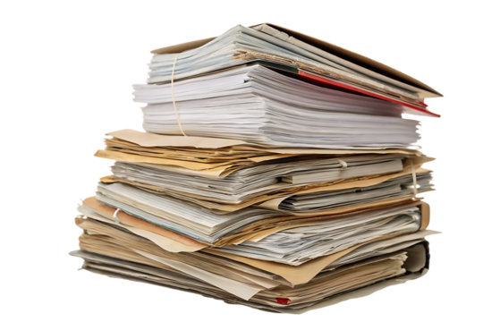 Messy pile of aged documents folders papers magazines stacked haphazardly with visible wear and discoloration, isolated on a transparent background