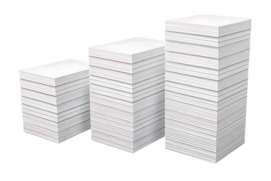 Three different sized white paper stacks arranged in ascending height from left to right progression, isolated on a transparent background