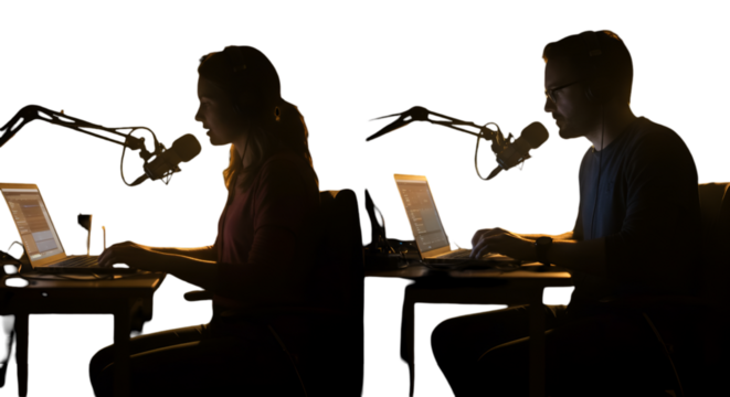 Night Podcast Studio Illustration Featuring Two Silhouetted People Working