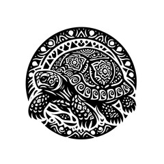 Fototapeta premium Intricate Black and White Tribal Turtle Design within a Circular Frame.