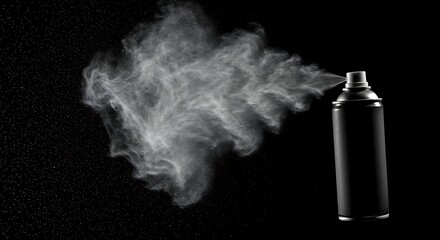 A black aerosol can sprays a plume of white mist against a dark background.