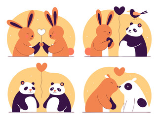 Cute Cartoon Animal Couples in Love Rabbits Pandas and a Bird Sharing Affectionate Moments collection four