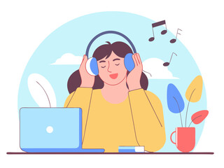 Woman Enjoying Music While Working on Laptop in a Relaxing Environment