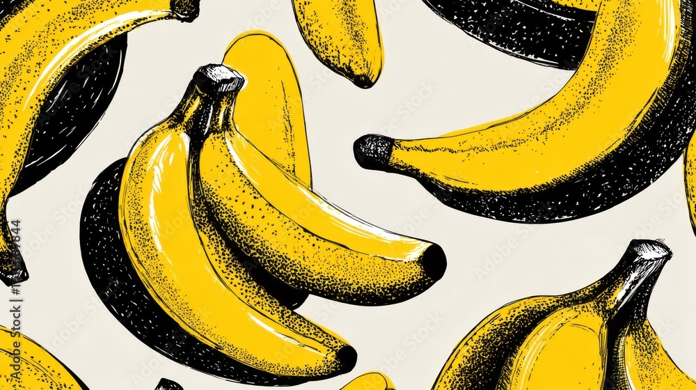 Poster high-res flat vector doodles of bananas in black and yellow on white, using clean shapes and spacing