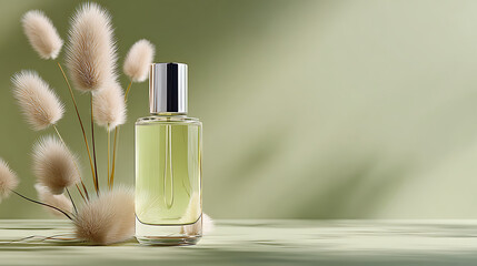 Elegant Green Perfume Bottle with Fluffy Pampas Grass on Minimal Natural Background – Luxury Fragrance Mockup