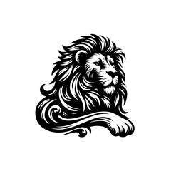 Majestic Black and White Lion Head with Flowing Mane and Paw.