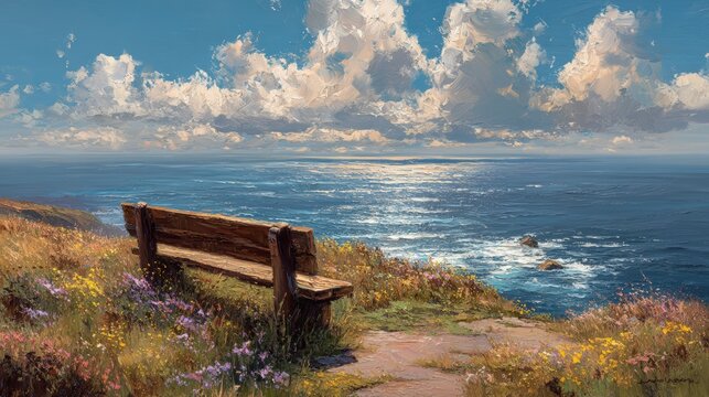 Scenic Coastal View with Bench Overlooking Calm Ocean Waves