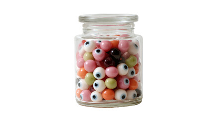 A glass jar overflowing with colorful candy eyeballs, a fun and spooky treat.