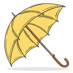 umbrella isolated on white background, Bright yellow umbrella with curved wooden handle—classic design perfect for rainy day themes, weather graphics, seasonal illustrations, or fashion accessories.