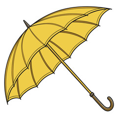 umbrella isolated on white background, Bright yellow umbrella with curved wooden handle—classic design perfect for rainy day themes, weather graphics, seasonal illustrations, or fashion accessories.