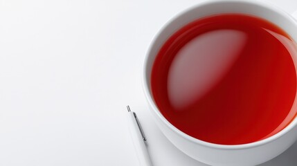 Close-up of a White Bowl Filled with Vibrant Red Liquid on a Minimalist Surface with a Silver Spoon Beside