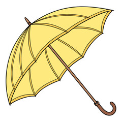 umbrella isolated on white background, Bright yellow umbrella with curved wooden handle—classic design perfect for rainy day themes, weather graphics, seasonal illustrations, or fashion accessories.