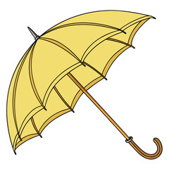umbrella isolated on white background, Bright yellow umbrella with curved wooden handle—classic design perfect for rainy day themes, weather graphics, seasonal illustrations, or fashion accessories.